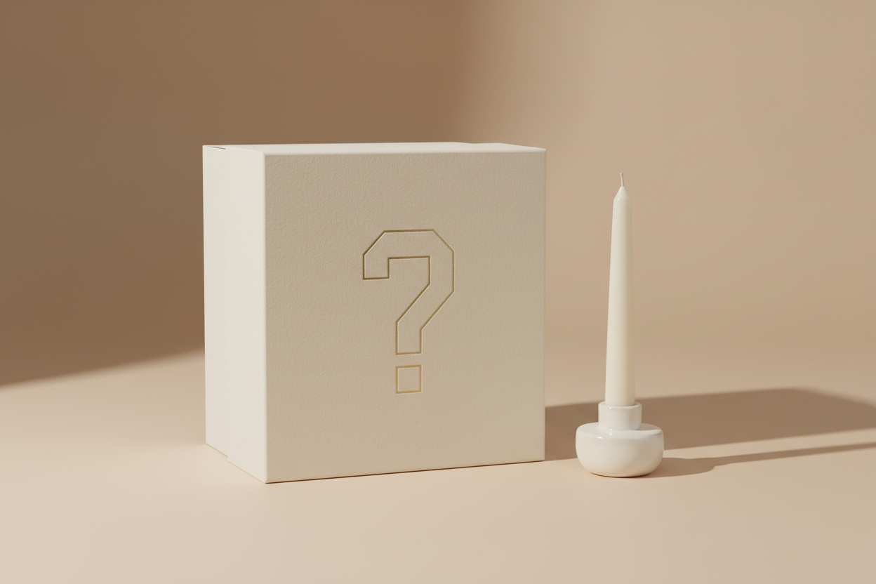 mistery box eine box die zu der ästetik meiner anderen bildern passt mit einem fragezeichen un einer kerze
